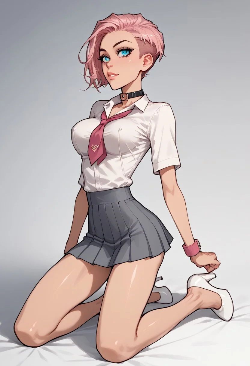 (score_9, score_8_up:1.1), score_7_up, score_9, score_8_up, score_7_up, score_6_up, score_5_up, score_4_up, BREAK, anime, anime style, solo, extreme detail, Masterpiece, Best Quality, beautiful, high res image, (25 years old:1.6), (1girl, ((undercut pink hair, oly pink hair)), portrait, cat ear headphones, blue eyes:1, beautiful face, high cheekbone, high detailed skin, medium breasts, skinny, cat collar, White footwear, white heels, garter belt, grey skirt, tights, miniskirt, neckerchief, pleated skirt, school uniform