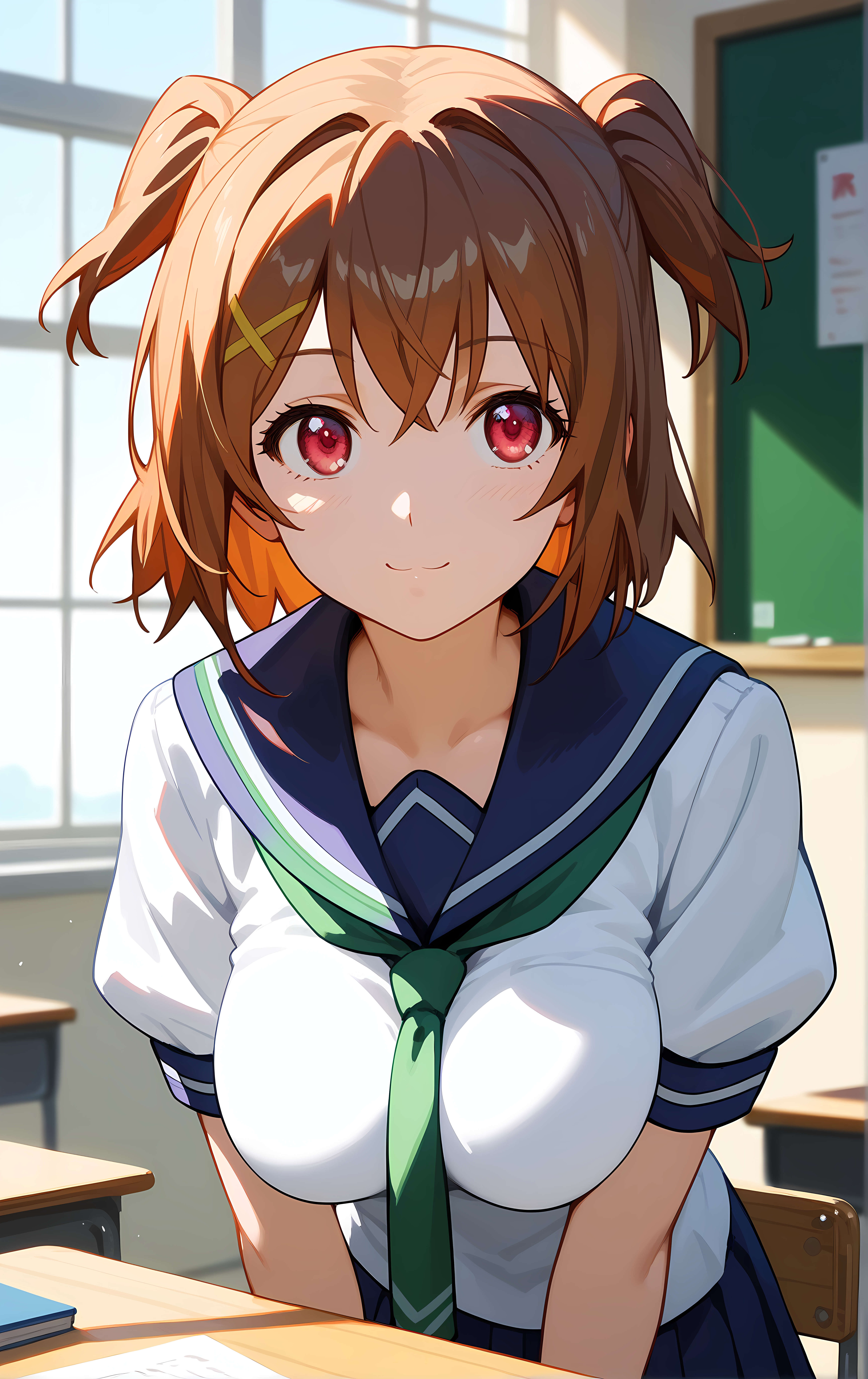 (score_9, score_8_up, score_7_up), 1girl, window, sunlight, classroom,
leaning forward, looking at viewer, closed mouth, light smile, tight clothes, close-up,
ohwx, 1girl, solo, breasts, brown_hair, large_breasts, short_hair, two_side_up, pink_eyes, red_eyes, school uniform,
<lora:kushiya_inaho_pony_ss:1>