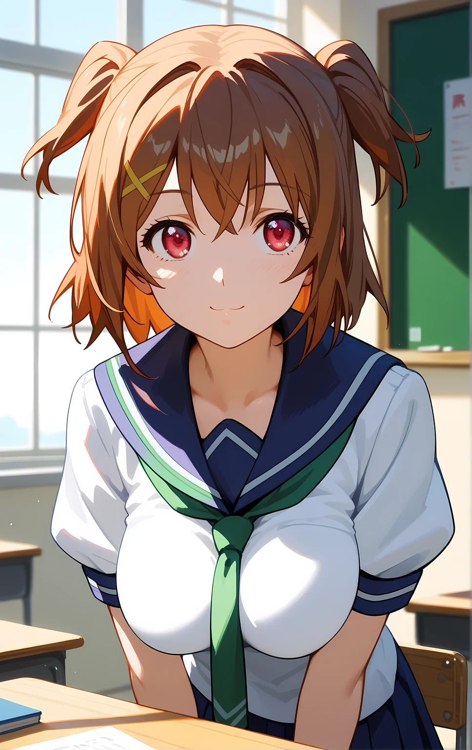 (score_9, score_8_up, score_7_up), 1girl, window, sunlight, classroom,
leaning forward, looking at viewer, closed mouth, light smile, tight clothes, close-up,
ohwx, 1girl, solo, breasts, brown_hair, large_breasts, short_hair, two_side_up, pink_eyes, red_eyes, school uniform,
<lora:kushiya_inaho_pony_ss:1>