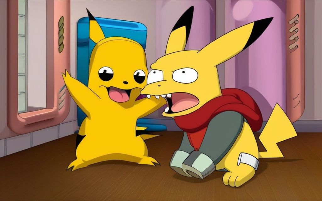 A cute Pikachu is playing with friend, FuturamaStyle <lora:SDXL-FuturamaStyle-Lora:1>, Very detailed, clean, high quality, sharp image