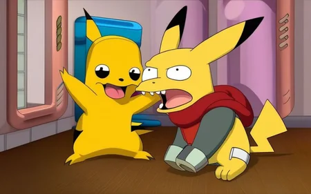 A cute Pikachu is playing with friend, FuturamaStyle <lora:SDXL-FuturamaStyle-Lora:1>, Very detailed, clean, high quality, sharp image