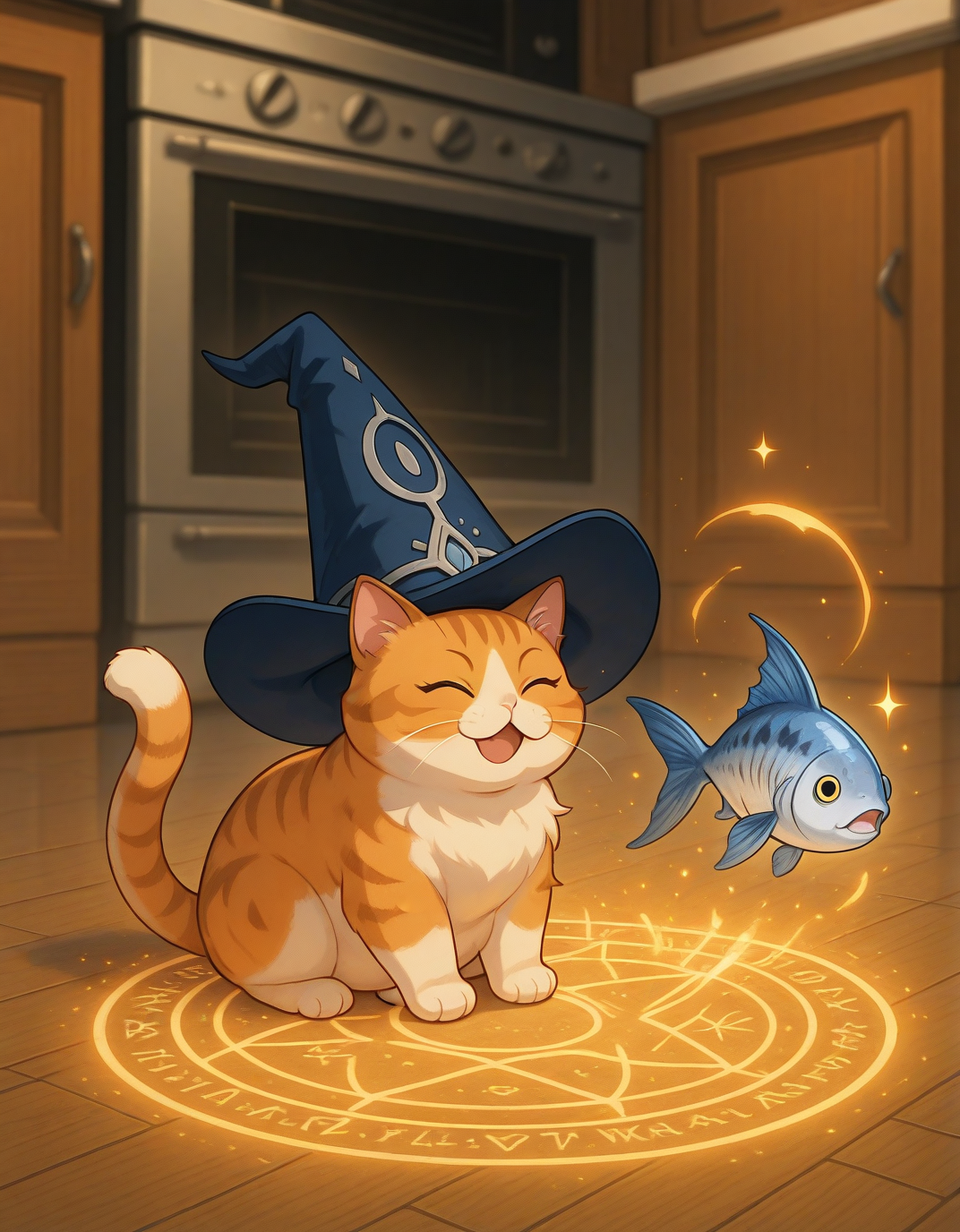 Flatline, Flat vector illustration,,masterpiece, best quality, good quality, very aesthetic, absurdres, newest, 8K, depth of field, focused subject, dynamic angle, pov from the side,  1cat, fat orange cat sitting on the floor, wizards hat, happy, the cats front paws against the floor, on the floor is a blue summoning circle, (a giant a fish lies on the circle:1.3), kitchen in background <lora:SummoningCircleIL:1>