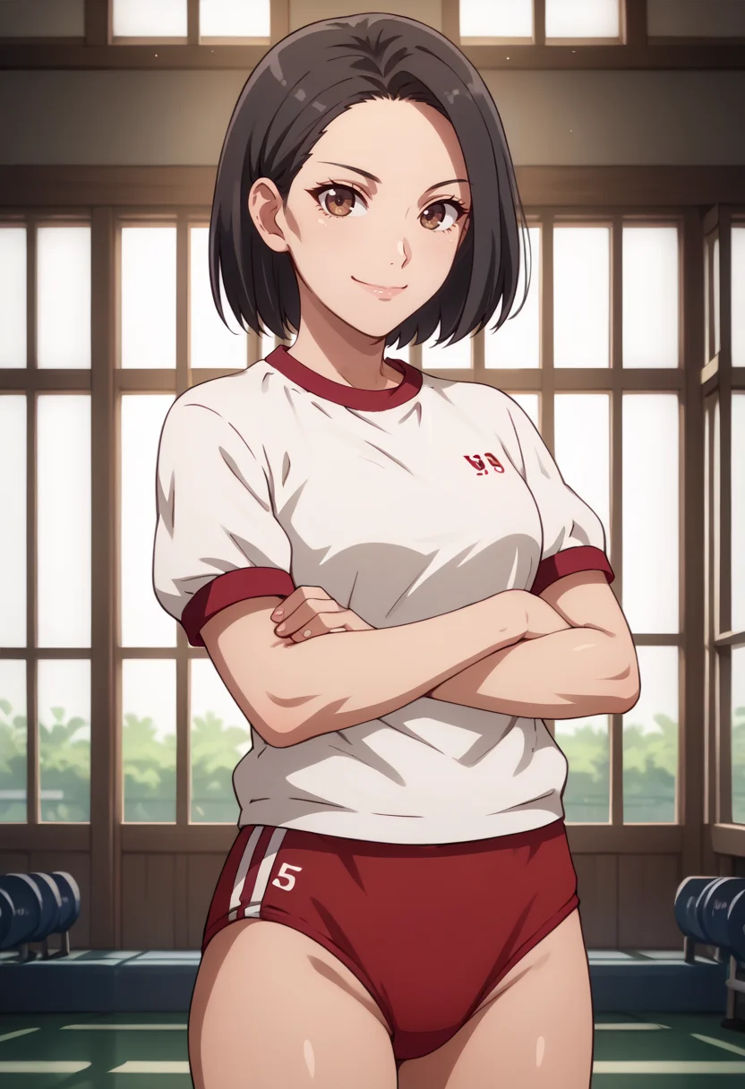 score_9, score_8_up,
1girl, <lora:SilviaSevere_OffSeason_PDXL:0.8>, silviasevere, short hair, black hair, brown eyes,
red buruma, gym uniform, short sleeves,
slight smile, crossed arms,
indoors