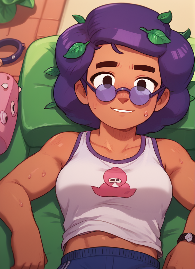 score_9, score_8_up, score_7_up,   <lora:bsrosa:1>bsrosa , 1girl, purple hair,  leaf hair ornament, dark skin   ,looking at viewer,  sweat, breast   , glasses, boring , lying lazily on the couch, shirt, pants , light smile,  <lora:PossumMachine:1>posmach  , medium hair,
