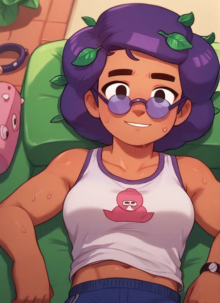 score_9, score_8_up, score_7_up, <lora:bsrosa:1>bsrosa , 1girl, purple hair, leaf hair ornament, dark skin ,looking at viewer, sweat, breast , glasses, boring , lying lazily on the couch, shirt, pants , light smile, <lora:PossumMachine:1>posmach , medium hair,