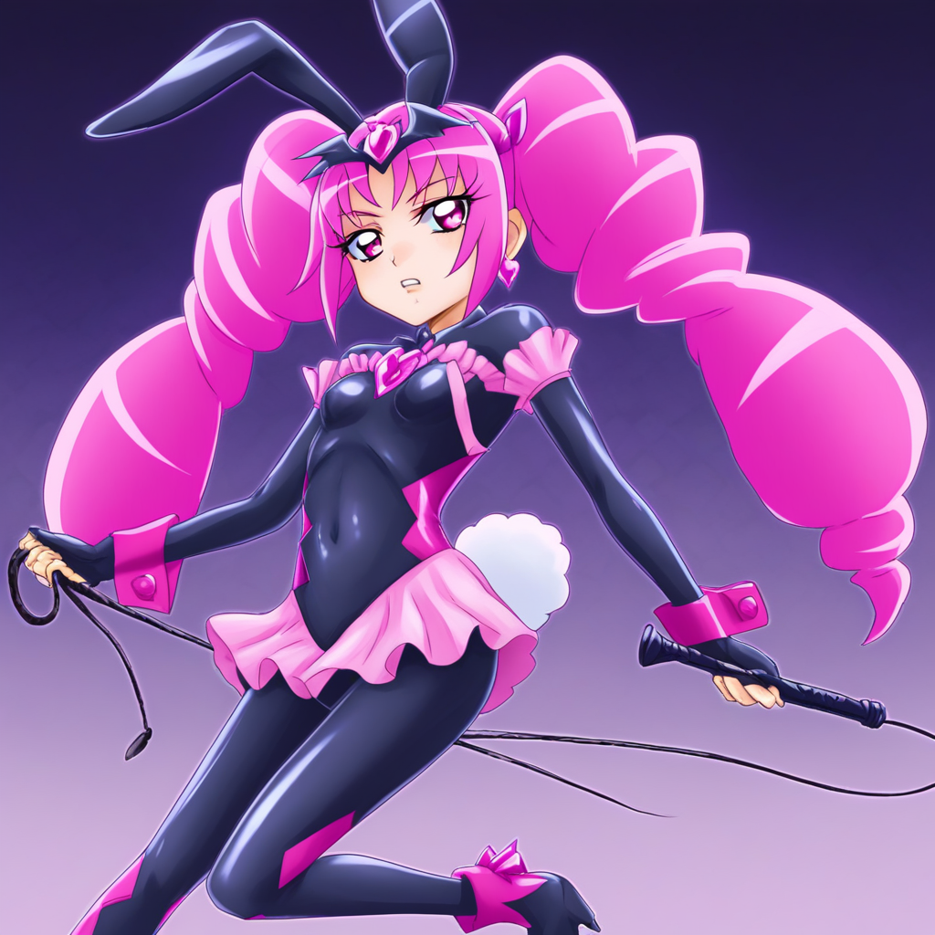 black badend-bodysuit, badend-tiara, cure whip, twintails, pink hair, pink eyes, rabbit ears, pink frills, pink skirt, pink gem, rabbit tail, small  breasts