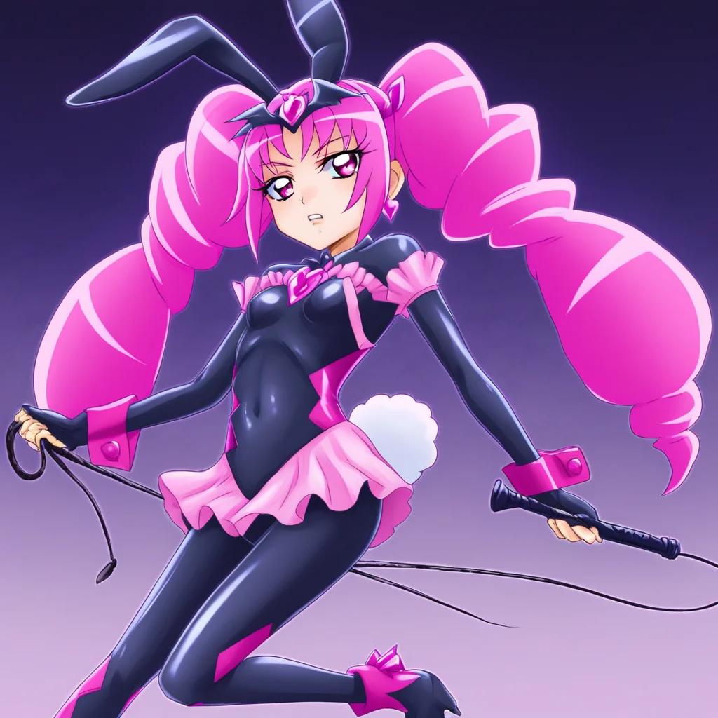 black badend-bodysuit, badend-tiara, cure whip, twintails, pink hair, pink eyes, rabbit ears, pink frills, pink skirt, pink gem, rabbit tail, small breasts