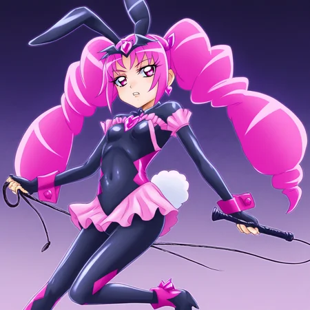 black badend-bodysuit, badend-tiara, cure whip, twintails, pink hair, pink eyes, rabbit ears, pink frills, pink skirt, pink gem, rabbit tail, small  breasts