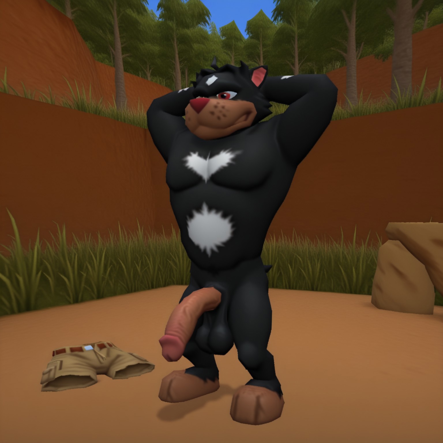 low poly, 3d, vhs artifacts, bad quality, low quality, low-poly, 3d model, 3d videogame, videogame screenshot, low resolution textures, 
full body, solo male, furry, (rangerken:1.4), black and white fur, nude, naked, hands behind head, flaccid, long penis, saggy balls, looking away, pecs, discarded clothing, discarded shirt, discarded shorts, outdoors, outback setting, trees, foliage, 