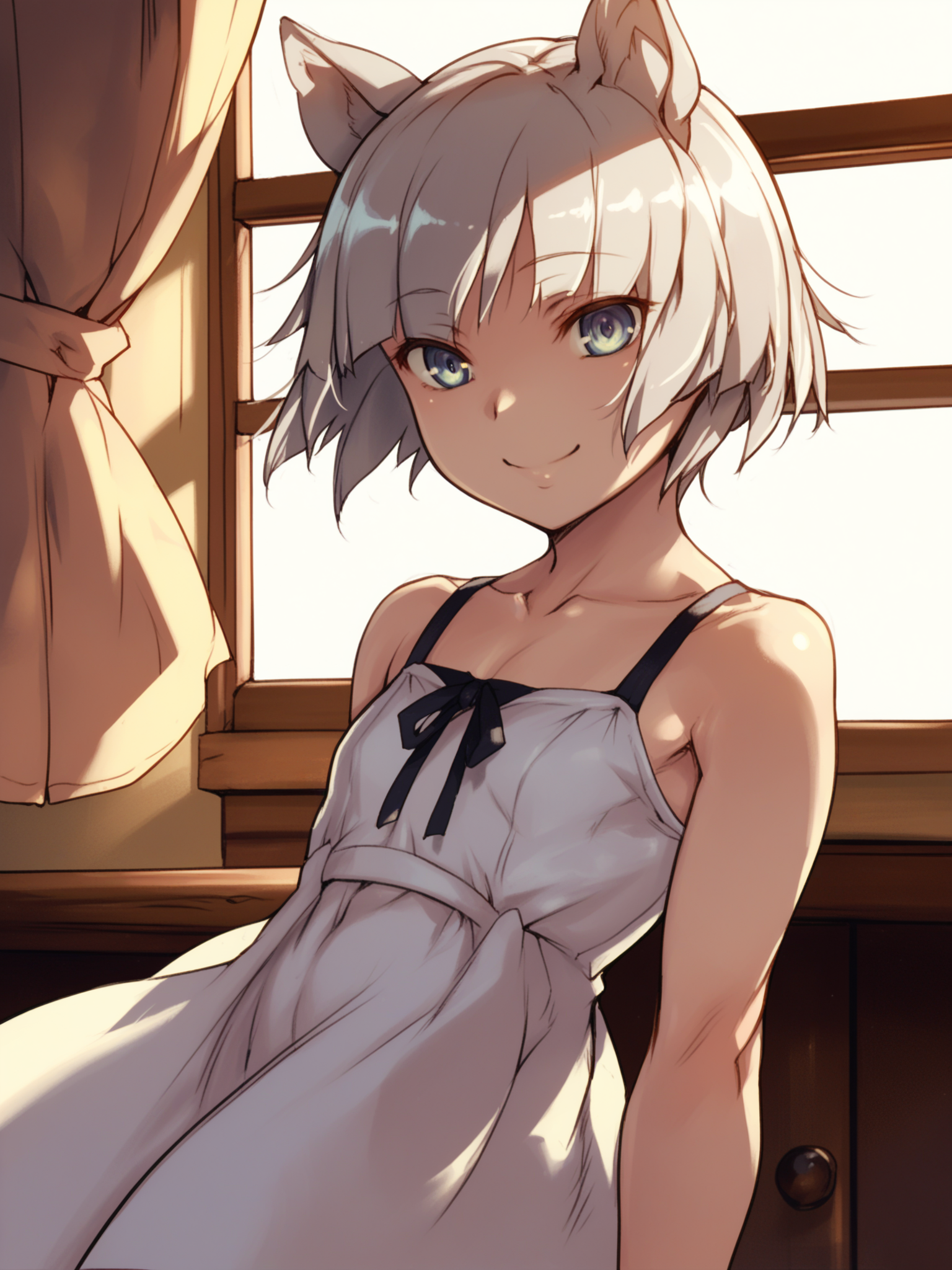 <lora:happy_tentacle-elin-v0.2-000028:1>, ht_elin, sundress, indoors , 1girl, solo, upper body , half-closed eyes , ( smile :1), , looking down , standing , facing viewer , score_9, score_8_up, score_7_up, score_6_up, score_5_up, score_4_up