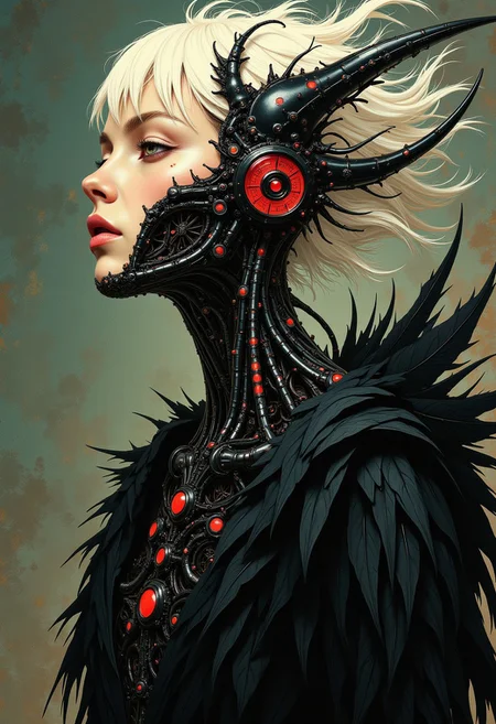 oil art, very detailed analog photo, atmospheric lighting and epic,(((faded colors))), fine grain, by Satoshi Kon, White glowing hair, Portrait of a female with no Face and no eyes, billowing hair, and billowing feathered cloak, The female's head is adorned with a living, biomechanical crown that curves symmetrically backward. This ornate headdress is composed of glossy black exoskeleton-like segments, each topped with a bright red sphere that creates a hypnotic pattern of black and red. Similar biomechanical structures extend down the creature's neck and chest, forming an intricate organic necklace. neon and black colored, mysterious, abstract and surreal, organic background,medium breasted, high tech bra, Half-Turn Rear View,