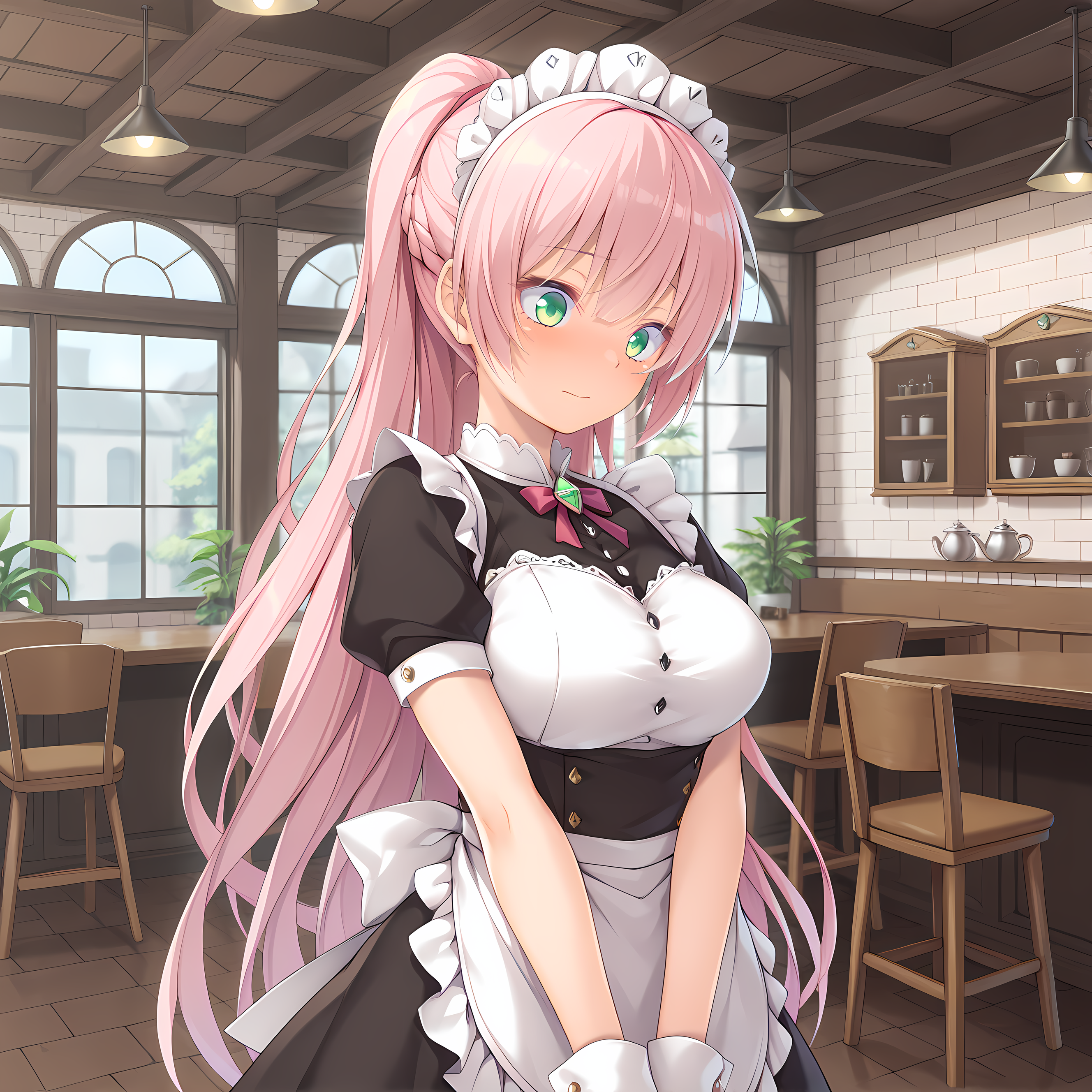 <lora:Terese_Elminaãã¬ãµã¨ã«ããã¢_-_Escude_-_Hime_to_Aiyoku_no_Sacrifice:0.8>,solo,terese,pink hair,long hair,high ponytail,green eyes,large breasts,indoors,cafe,maid,apron,maid headdress,, masterpiece,best quality,amazing quality, very aesthetic, absurdres,detailed eyes,ultra-detailed,