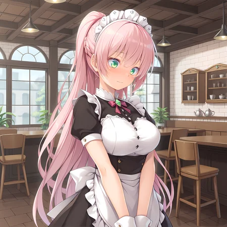 <lora:Terese_Elminaãã¬ãµã¨ã«ããã¢_-_Escude_-_Hime_to_Aiyoku_no_Sacrifice:0.8>,solo,terese,pink hair,long hair,high ponytail,green eyes,large breasts,indoors,cafe,maid,apron,maid headdress,, masterpiece,best quality,amazing quality, very aesthetic, absurdres,detailed eyes,ultra-detailed,
