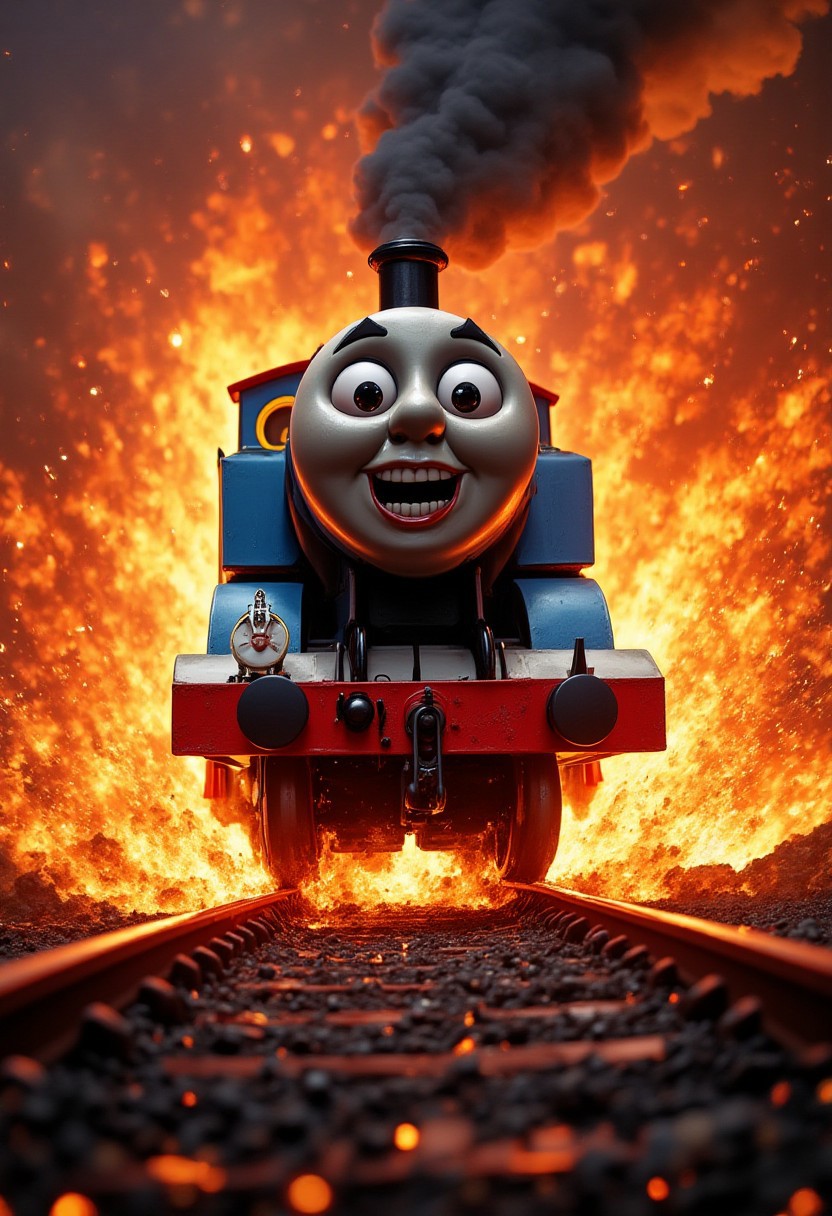 "Hyper-realistic, crystal-clear image of Thomas the Tank Engine screaming in agony as he hurtles down a train track at breakneck speed, engulfed in a massive inferno with flames licking at his metal body. His face contorted in a mixture of pain and terror, Thomas's eyes bulge from their sockets as he careens towards a swirling portal of darkness, the entrance to the depths of hell. Sparks erupt from the scorching hot wheels as they scrape against the tracks, sending showers of molten metal and embers flying in all directions. The surrounding environment is a blur of speed and chaos, with the train's metal body glowing red-hot and smoke billowing behind. Every detail is meticulously rendered, from the rivets on Thomas's body to the texture of the flames, creating a sense of intense, heart-stopping action." (Highest quality masterpiece in HDR)