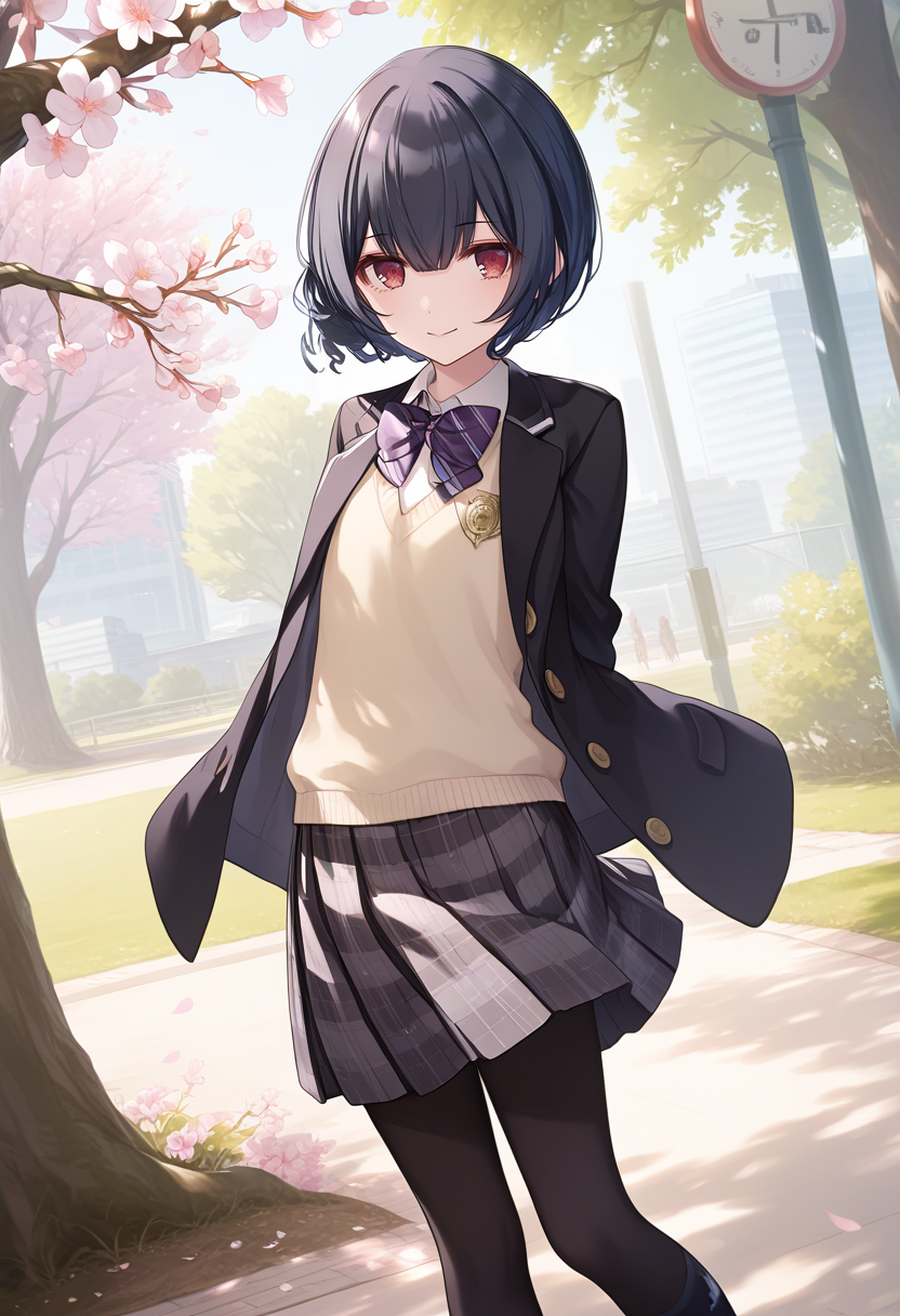 score_9, score_8_up, score_7_up, score_6_up,
<lora:Expressive_H:1.0>, uncensored,
1girl, <lora:MorinoRinze_pony_v1:1.0>, mrnrnz, short hair, black hair, blue hair, single hair bun, bangs, hair between eyes, red eyes, flat chest, slender body, (female child:1.2), red bow,
open jacket, blazer, black jacket, striped bowtie, purple bowtie, black skirt, plaid, plaid skirt, miniskirt, checked skirt, school uniform, skirt, sweater vest, long sleeves, black socks, loafers, miniskirt,
black pantyhose,
looking at viewer,
outdoors, park, city, day, cherry blossoms, Cherry blossom leaves dancing, sunlight filtering through the trees,
standing, arms behind back,
against tree,
smile, closed mouth,
masterpiece, best quality,