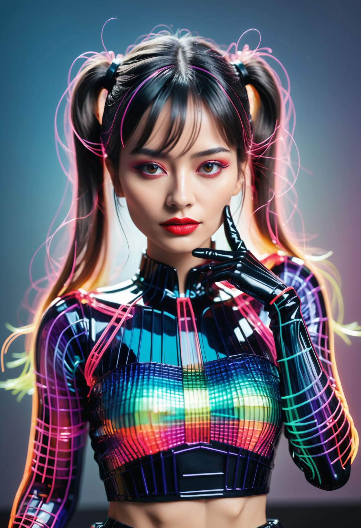made of, tiny neon glass filaments, w0gf1l <lora:World_of_Glass_Filament:0.8> a woman with a futuristic outfit and a futuristic hairdo, resting hand against cheek and looking at the camera, Artgerm, ultra realistic digital art, a hologram, holography