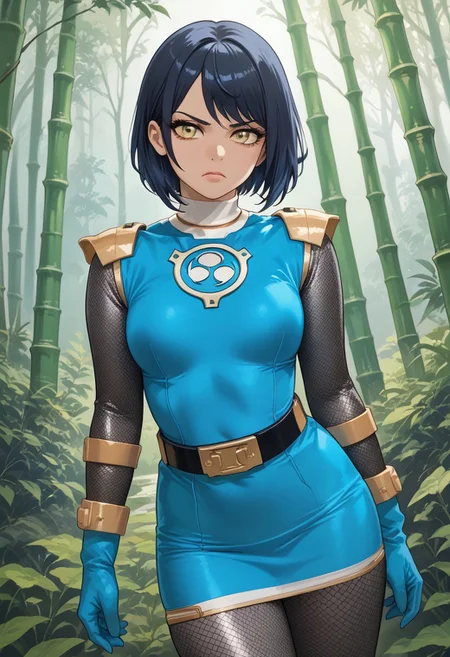 score_9, score_8_up, score_7_up, BREAK,
1girl, solo, BREAK,
sentaikageblue, shiny clothes, spandex, BREAK,
silver bodysuit, fishnet bodysuit, bodysuit under clothes, aqua dress, shoulder pads, aqua skirt, black belt, BREAK,
aqua gloves, no headwear, BREAK,
ku70u5a4a, dark hair, short hair, yellow eyes, medium breasts, thick thighs, BREAK,
standing, serious, BREAK,
dutch angle, outdoors, forest, bamboo, evening,