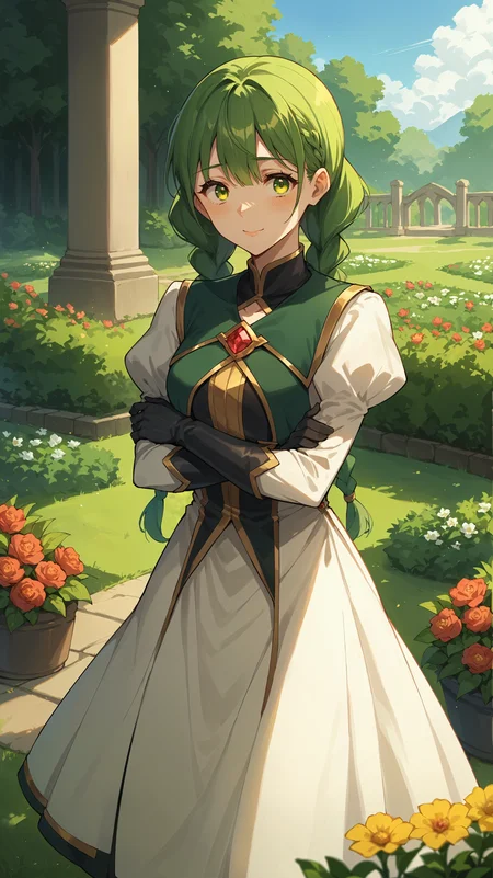 score_9,score_8_up,score_7_up,score_6_up, source_anime, zPDXL3, <lora:xl_more_art-full_v1:0.5>, girl, dynamic pose, crossed arms, <lora:Rishia Ivyred - Pony-000004:0.8>, green hair, twin braids, long braids, green eyes, puffy sleeves, green and white dress, leather gloves, red gem, outdoors, garden, flowers, sunshine, shy, light smile,