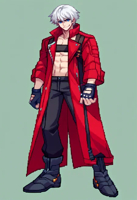 score_9, score_8_up, score_7_up, source_anime, BREAK, solo, 1boy, smirk, looking at viewer, <lora:Arcana-Heart-Sprites-pdxl_Fp:1>, simple background, full body, standing, <lora:dmc3_dante_ponyXL:1>, dmc3dante, red coat, bandeau, fingerless gloves, black pants, boots, white hair, blue eyes