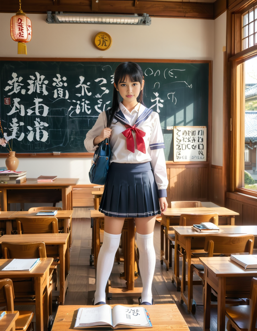 A Japanese schoolgirl standing in a traditional Japanese classroom during daytime. She wears a classic navy blue and white sailor-style school uniform with a pleated skirt, a ribbon tied at the collar, and knee-high socks. She has neatly styled black hair, possibly in a ponytail or straight with bangs, and carries a school bag over one shoulder. Her expression is calm and focused, with a hint of curiosity or determination.
The classroom features wooden desks and chairs arranged in rows, a large chalkboard with neatly written Japanese characters, and sunlight streaming in through large windows that reveal cherry blossom trees outside. Educational posters with kanji and hiragana are displayed on the walls, and a clock hangs above the board. The atmosphere is warm and nostalgic, capturing the essence of a Japanese school setting in a realistic and highly detailed photograph.
<lora:SDXLFaeTastic2400:0.4> <lora:extremely_detailed:0.4> extremely detailed, <lora:Japanese_cl4ssr00m:1>,Japanese cl4ssr00m, Masterpiece,best quality,hi res,8k,hi res,8k,award winning,(sharp focus, intricate, highly detailed),