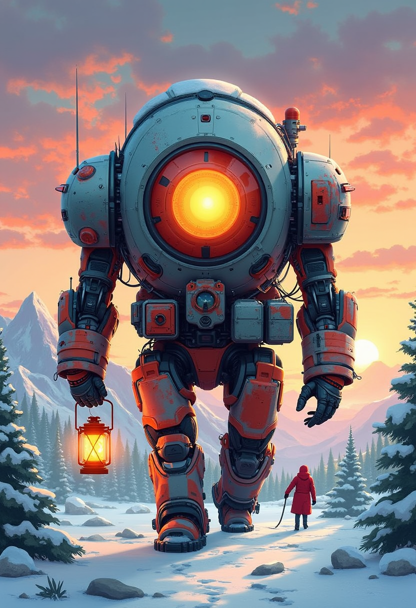 YFG-Rounded Digital illustration with bold colors, featuring a large, round robot with a central glowing eye, dressed in winter gear holding a lantern, walking through a snowy landscape with a sunset sky, mountains, and a distant figure in the background,