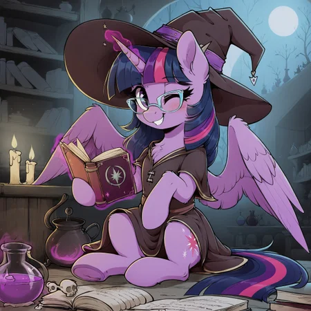 score_9, score_8_up, score_7_up, score_6_up, score_5_up, score_4_up, (night colors:1.1),twilight sparkle, alicorn, arm hooves, blushing, bone hurting juice, book, candle, cauldron, chest fluff, clothes, colored horn, cute, dress, eye clipping through hair, female, glasses, hat, horn, leg fluff, levitation, love potion, magic, mare, one eye closed, potion, severed horn, shoulder fluff, sitting, smiling, solo, sombra's horn, telekinesis, twilight sparkle (alicorn), two toned wings, underhoof, wings, wink, witch, witch hat