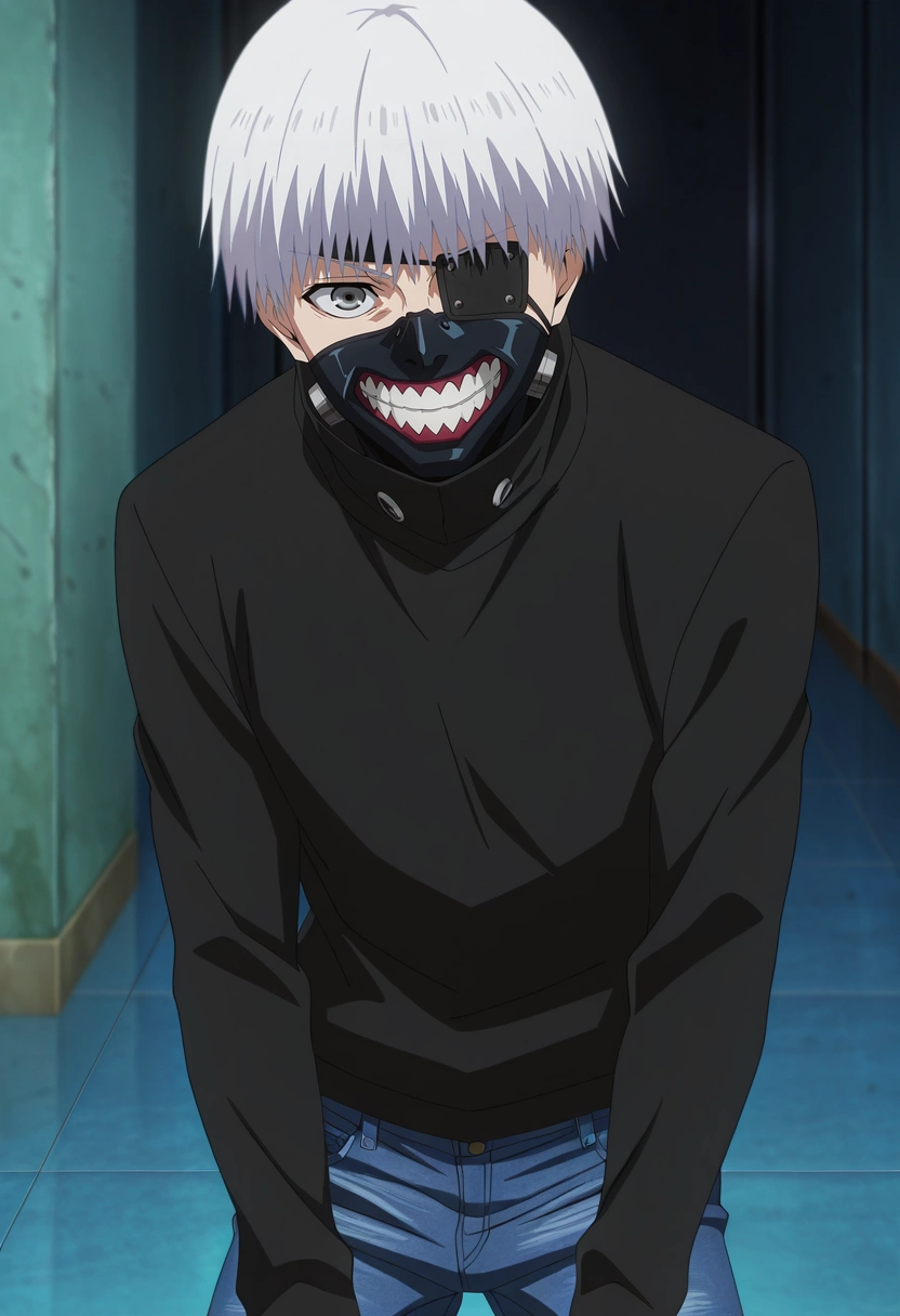 masterpiece, best quality, , anime screencap, , official style, , 1boy, solo, male focus, <lora:ken_kaneki_ilxl:0.9>, ken_kaneki, white hair, grey eyes, short hair, bangs, , eyepatch, mask, mouth mask, teeth, , , denim jeans,
