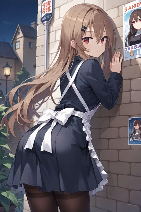 score_max, (score_9, score_8_up, score_7_up:1.2), score_6_up, official art,
masterpiece, absurdres, high detail, 8k,
night, lamppost, behind wall, stone wall, (big daddy poster:1.1), from behind,
hand on wall, leaning forward, hip vent, looking back, expressionless, frown,
marfusha, long hair, brown hair, red eyes, hairclip, black dress, collared shirt, long sleeves, apron, black pantyhose,
<lora:XL_Pony_game-marfushasg-marfusha-t1:1.0>