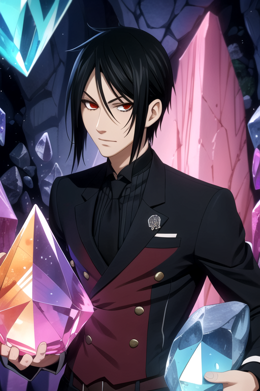 masterpiece, best quality, wallpaper, 1boy, solo, male focus, looking at viewer, , , , , <lora:sebastian_michaelis:0.70>, sebastian_michaelis, black hair, red eyes, fairy tale costume, The Crystal Cave: A fantastical place where gemstones and crystals grow in abundance,