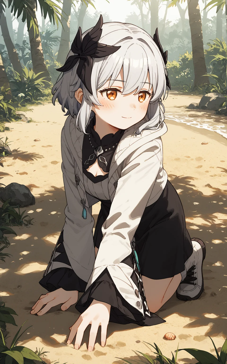 score_9, score_8_up, score_7_up,hikage,1girl,solo,(pale skin:1.2), 
livia (resonance),livia,white hair,medium hair,hair between eyes,black hair ornament,bangs, long sidelocks, orange eyes, 
def,black dress,white jacket,collared jacket, hooded jacket,long sleeves,black and white sleevs,black skirt,breasts,white footwear, cross-laced footwear, 
blush, all_fours, seductive smile,
nature,outdoors,seashells on sandy beach,
cinematic lighting,morning,morning glory,dappled sunlight,
from side, 
<lora:Expressive_H:1.0> <lora:hikage_v1:0.7>  <lora:livia_v10:0.8>