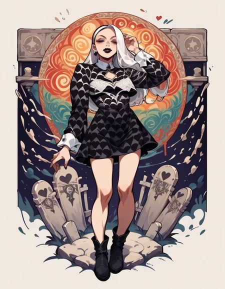 score_9, score_8_up, score_7_up, score_6_up, score_5_up, score_4_up, source_anime, 1girl, long white hair, makeup, black lipstick, full body, hud_gth_drss, black heart patterned short dress, dress, white collar, white wrist cuffs with o rings, long sleeves, white lace socks, black boots, <lora:hud_gothdressxlp:0.8>, cemetery, hud_psyc_styl_XLP, psychedelic, trippy, <lora:hud_psyc_styl_XLP-000008:1>