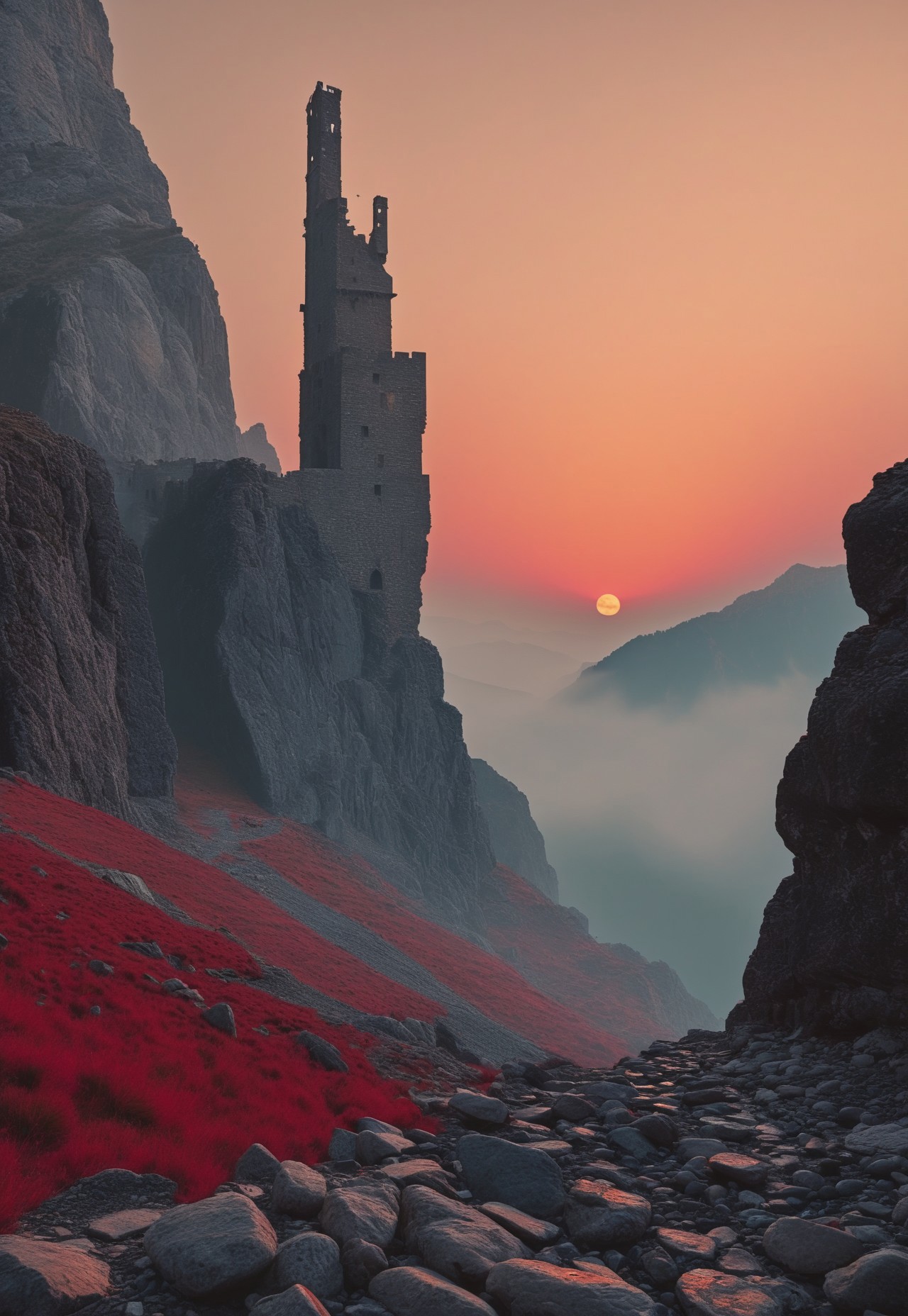 a shattered tower rising against the sky,  the steep walls of moldering stones into the distant valley that extended all the way to the horizon. A full moon was rising. the chasm that opened below, at the bottom of the tower. There in the swirling red mists some horrendous shapes writhed and palpitated.  
 (8k uhd:1,4)
 <lora:add-detail-xl:1>
 <lora:Dynamic Poses:1>