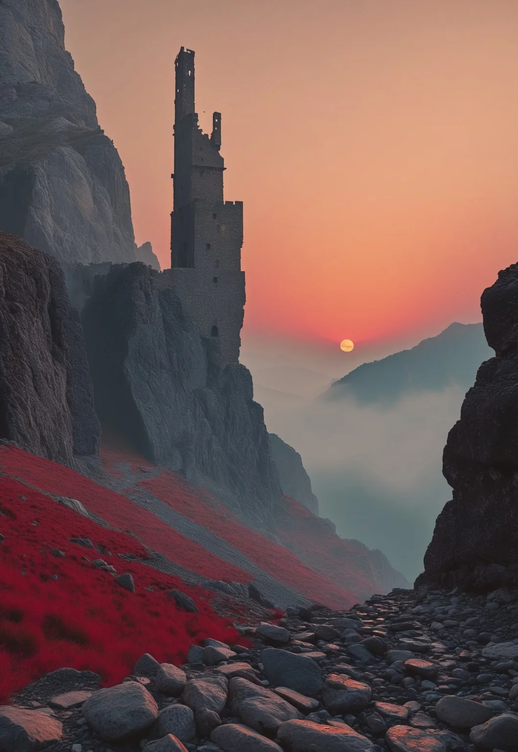 a shattered tower rising against the sky, the steep walls of moldering stones into the distant valley that extended all the way to the horizon. A full moon was rising. the chasm that opened below, at the bottom of the tower. There in the swirling red mists some horrendous shapes writhed and palpitated.
(8k uhd:1,4)
<lora:add-detail-xl:1>
<lora:Dynamic Poses:1>