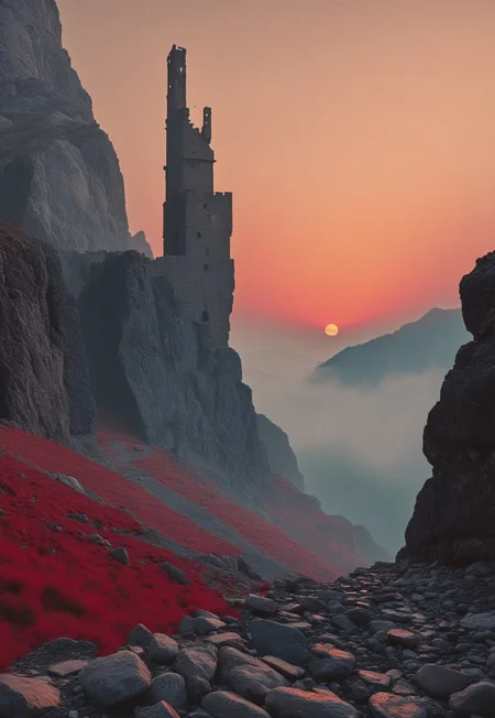 a shattered tower rising against the sky, the steep walls of moldering stones into the distant valley that extended all the way to the horizon. A full moon was rising. the chasm that opened below, at the bottom of the tower. There in the swirling red mists some horrendous shapes writhed and palpitated.
(8k uhd:1,4)
<lora:add-detail-xl:1>
<lora:Dynamic Poses:1>