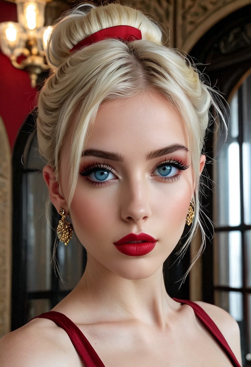 29 year old azerbaijani, blue eyes, pale skin, puffy lips, makeup, eye contact, hairclip, light blonde hair, very short hair, hair up, double bun, hair flaps, asymmetrical bangs, long bangs, x hair ornament, dark red lips, red eyeshadow, mascara, eyeliner, stud earrings, piercing, blush, flat chest, epic action, Unreal Engine, cinematic award winning artwork, many details, extreme detailed, full of details,Wide range of colors., dramatic, Dynamic,Cinematic,Sharp details, Insane quality. Insane resolution. Insane details. Masterpiece. 32k resolution. casting shadow style, cucoloris patterned illumination, <lora:add-detail-xl:1