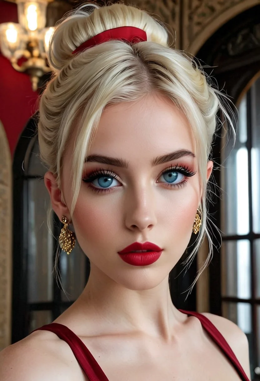 29 year old azerbaijani, blue eyes, pale skin, puffy lips, makeup, eye contact, hairclip, light blonde hair, very short hair, hair up, double bun, hair flaps, asymmetrical bangs, long bangs, x hair ornament, dark red lips, red eyeshadow, mascara, eyeliner, stud earrings, piercing, blush, flat chest, epic action, Unreal Engine, cinematic award winning artwork, many details, extreme detailed, full of details,Wide range of colors., dramatic, Dynamic,Cinematic,Sharp details, Insane quality. Insane resolution. Insane details. Masterpiece. 32k resolution. casting shadow style, cucoloris patterned illumination, <lora:add-detail-xl:1