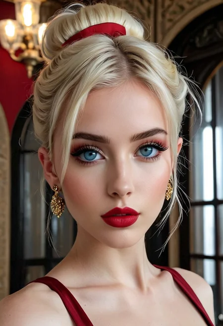 29 year old azerbaijani, blue eyes, pale skin, puffy lips, makeup, eye contact, hairclip, light blonde hair, very short hair, hair up, double bun, hair flaps, asymmetrical bangs, long bangs, x hair ornament, dark red lips, red eyeshadow, mascara, eyeliner, stud earrings, piercing, blush, flat chest, epic action, Unreal Engine, cinematic award winning artwork, many details, extreme detailed, full of details,Wide range of colors., dramatic, Dynamic,Cinematic,Sharp details, Insane quality. Insane resolution. Insane details. Masterpiece. 32k resolution. casting shadow style, cucoloris patterned illumination, <lora:add-detail-xl:1