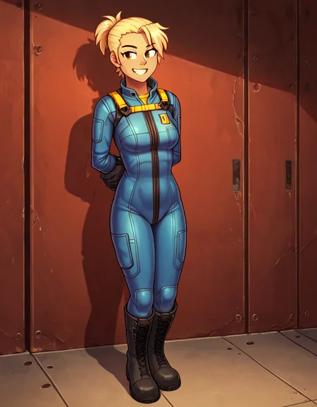 score_9,score_8_up,score_7_up,score_6_up,source_anime BREAK 1girl,solo,sarahfnv, <lora:SarahFNVPony:0.85>,short ponytail,bodysuit,uniform,yellow collar,boots,standing,smiling,:d,in concrete room,no windows,arms behind back