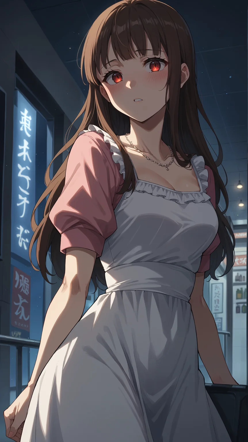 score_9,score_8_up,score_7_up,score_6_up, <lora:xl_more_art-full_v1:0.5>, source_anime, girl, dynamic pose, arching her back, <lora:Yukari - Zom100 - Pony-000004:0.8>, long hair, brown hair, bangs, red eyes, bead necklace, white dress, pink sleeves, short sleeves, short dress, mall, dark room, darkness, night, night time, lights off, dim lighting, drunk, solo, shy, abandoned,
