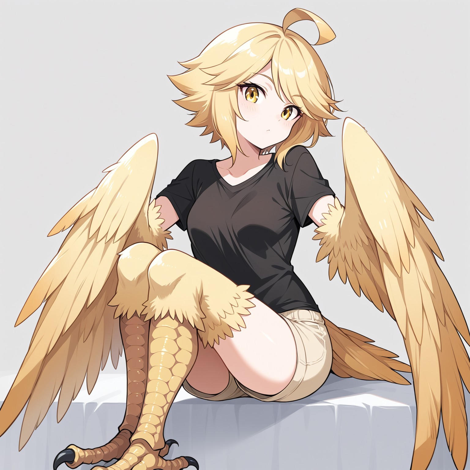 score_9, score_8_up, score_7_up, h0n3y, monster girl, harpy, black t-shirt, beige shorts, source_anime, ntm,