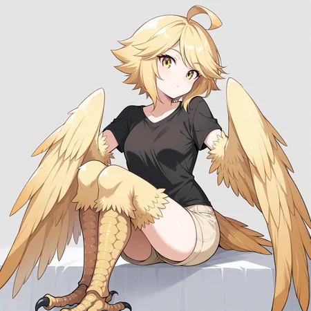 score_9, score_8_up, score_7_up, h0n3y, monster girl, harpy, black t-shirt, beige shorts, source_anime, ntm,