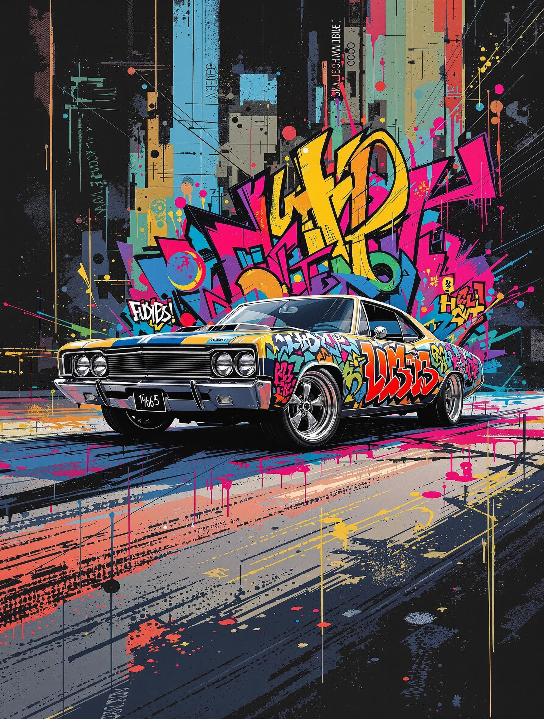 A vintage 1960s muscle car with colorful graffiti brush art melting into sharp pixel blocks, halfway between retro nostalgia and digital rebellion