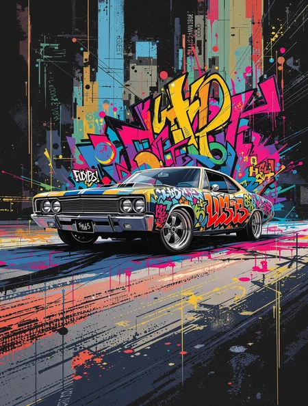 A vintage 1960s muscle car with colorful graffiti brush art melting into sharp pixel blocks, halfway between retro nostalgia and digital rebellion