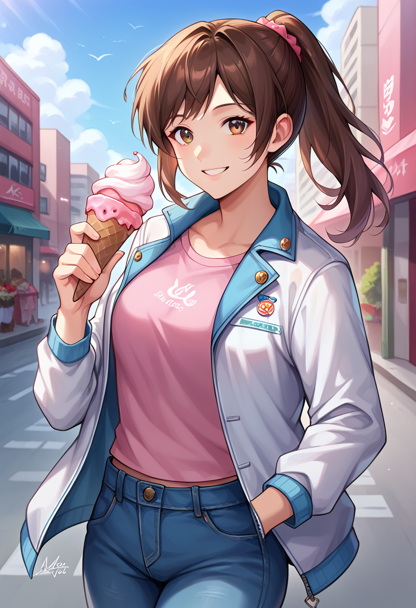 score_9, score_8_up, score_7_up,  source_anime,  BREAK solo, 1 girl,   <lora:HikariMiyamotPony:0.9>, MYMTHKSL, brown hair, brown eyes, ponytail,  white jacket, pink shirt, jeans, holding ice cream, smile, looking at viewer, cityscape, street,