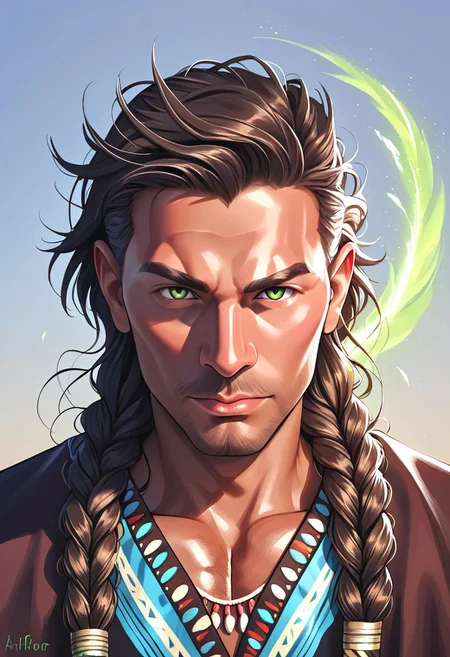 score_9, score_8_up, score_7_up, close up, <lora:neonifr:0.8> dispersion effect, wind energy, green light aura, fragments dispersing, radiating air flow, glowing, luminous, wind-like texture, tornado, neonifr
BREAK
adult male Native American. Handsome men, tan skin. Bright green-hazel eyes. Very long black hair, multiple braids with feathers and beads. Boho braids. Sci-Fi native american clothes.
BREAK, full body portrait, looking at camera, photorealism,