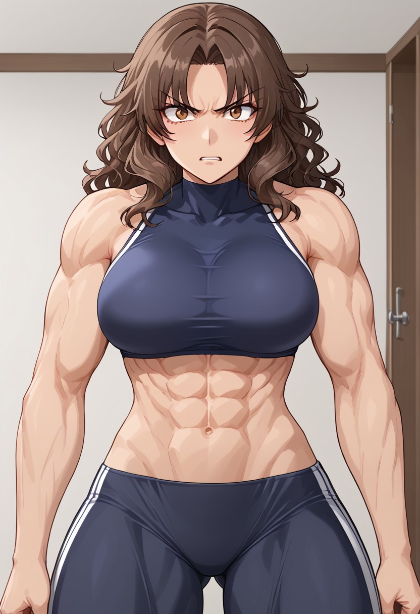 by yohan, ((ultra-detailed)), ((illustration)),ultra detailed anime artwork,by yohan, ((ultra-detailed)), ((illustration)),ultra detailed anime artwork, high The image depicts a stylized, muscular woman in an anime or manga-inspired art style. She has short, dark brown, wavy hair and a determined, intense expression, with her eyes narrowed and lips slightly pursed. Her attire include