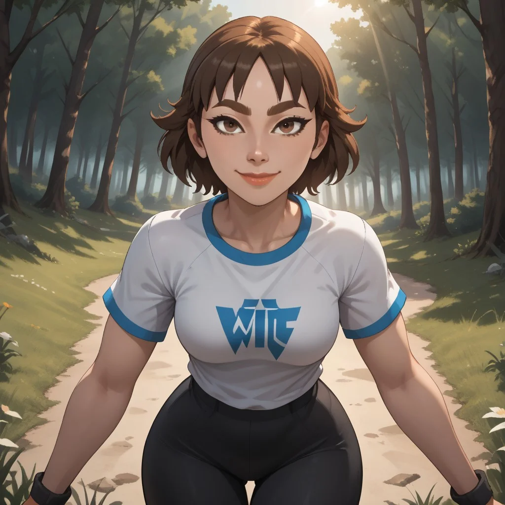 score_9, score_8, BREAK, solo, wii, mii, wii sports, 1girl, female mii, brown hair, brown eyebrows, brown eyes, lips, black clothing, black pants, sneakers, Susana_(Wii_Sports), nintendo mii, modern_mii, classic_mii, breasts, cute, sexy pose, smile, outdoors, sunlight, shadows, evening lighting, natural lighting, forest, trees, grass, orange sky, sunset
