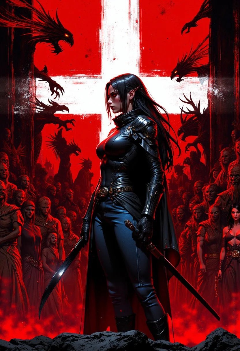 ultra detailed, high resolution, high quality, masterpiece, intricate details, japanese_woman, long_black_hair, leather_jacket, intense_expression, red_background, white_cross, supernatural_figures, dark_fantasy, demon-like_figures, angelic_statues, surrealism, dark_aesthetic, high_contrast, powerful_posture, mysterious_energy. Illustrate A profile striking Japanese woman with long, jet-black hair stands confidently at the center, wearing a sleek, form-fitting black leather jacket with a high collar, dark gloves, and blue jeans. she holding red sword, Her expression is intense, with a sense of power and mystery. She stands against a dramatic, symbolic background in red and black tones. Behind her, a large, white cross shape contrasts with the deep red backdrop, surrounded by ominous, shadowy figures and angelic statues. The figures include haunting, demon-like faces, angelic wings, and abstract, surreal shapes, all colored in a vivid red that conveys tension and otherworldly energy. The scene has a dark, gritty aesthetic with strong shadows, high contrast, and a surreal, supernatural vibe. The woman’s posture exudes strength and resilience, grounded in a setting that blends realism with dark fantasy, dark atmosphere with contrasting shadows, highly detailed anime style.
