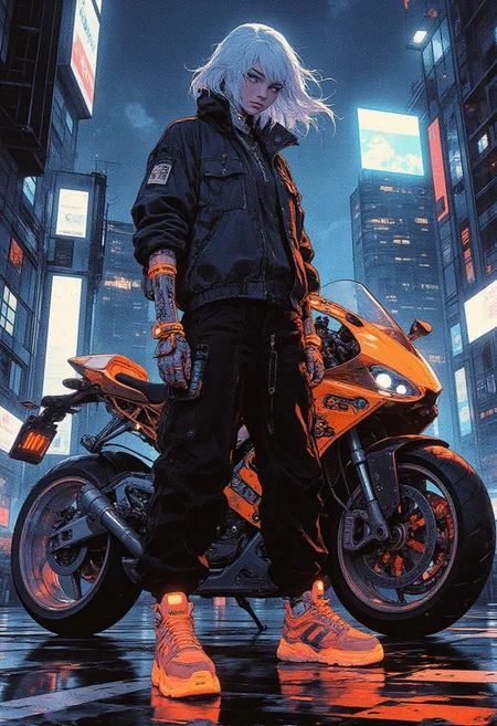 A hyper-detailed full-body **illustration** in **anime, cyberpunk, ne0nfant4sy** style, portraying a futuristic female model standing in a high-tech, neon-lit cyberpunk world. She wears oversized **black cargo pants** with intricate stitching, paired with **luminous orange platform sneakers** from Rick Owens' *Neon Abyss* collection, seamlessly blending avant-garde techwear with bold street aesthetics. Her **perfectly anatomical arm** is fitted with an **AI-controlled, high-tech robotic arm cuff**, its neon circuitry pulsing faintly, while sleek **metallic rings** wrap around her neck and wrists with mechanical precision. Her **slick, shoulder-length white hair** flows dynamically behind her, captured mid-motion as if caught in an artificial wind. Beside her stands a **futuristic flying motorcycle**, its intricate mechanical surfaces gleaming with polished **metallic textures and pulsating neon accents**, exuding cutting-edge design. The environment is bathed in **sinful lighting**, where deep shadows and dramatic highlights emphasize the interplay of cold metallic tones against the vibrancy of artificial illumination. The desaturated cyberpunk skyline in the background flickers with digital billboards and glitching holographic projections, reinforcing the dystopian atmosphere. A subtle layer of **gritty noise** enhances the tactile realism, blending the surreal and futuristic into an immersive, cinematic composition. 8K, HD, HIGH RESOLUTION, MASTERPIECE, AWARD WINNING.