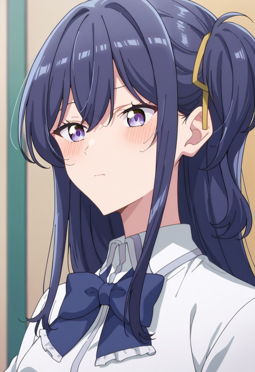 score_9, score_8, score_7, source_anime, izumi shiho, 1girl, solo, shirt, white shirt, upper body, collared shirt, one side up, blush, school uniform, hair ribbon